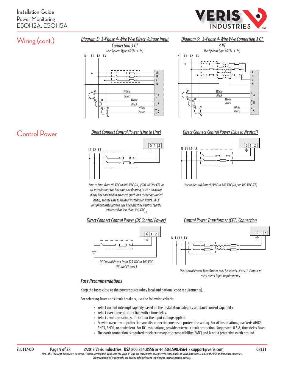 Control power, Wiring (cont.), Direct connect control power (dc control power) | Direct connect control power (line to neutral), Fuse recommendations | Veris Industries E50H5A Install User Manual | Page 9 / 28