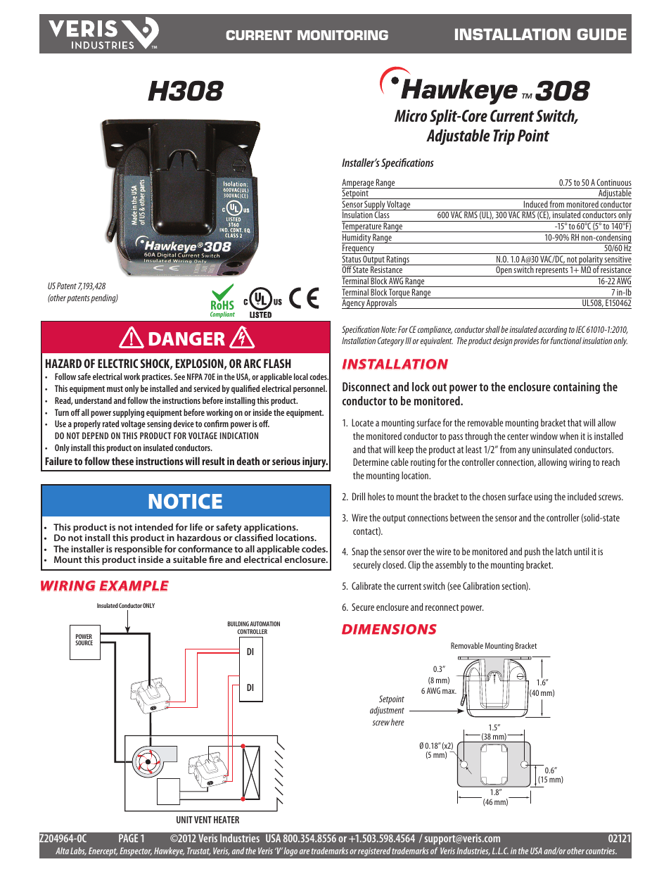 Veris Industries H308 Install User Manual | 2 pages