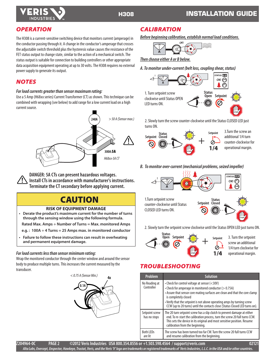 Caution, Installation guide, Operation | Troubleshooting, Calibration, H308 | Veris Industries H308 Install User Manual | Page 2 / 2