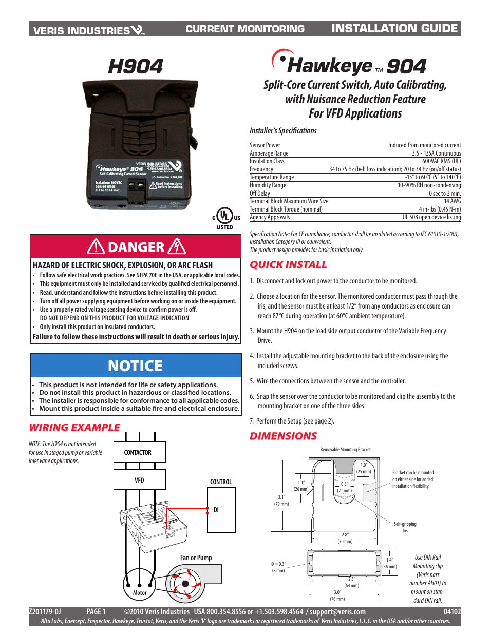 Veris Industries H904 Install User Manual | 2 pages