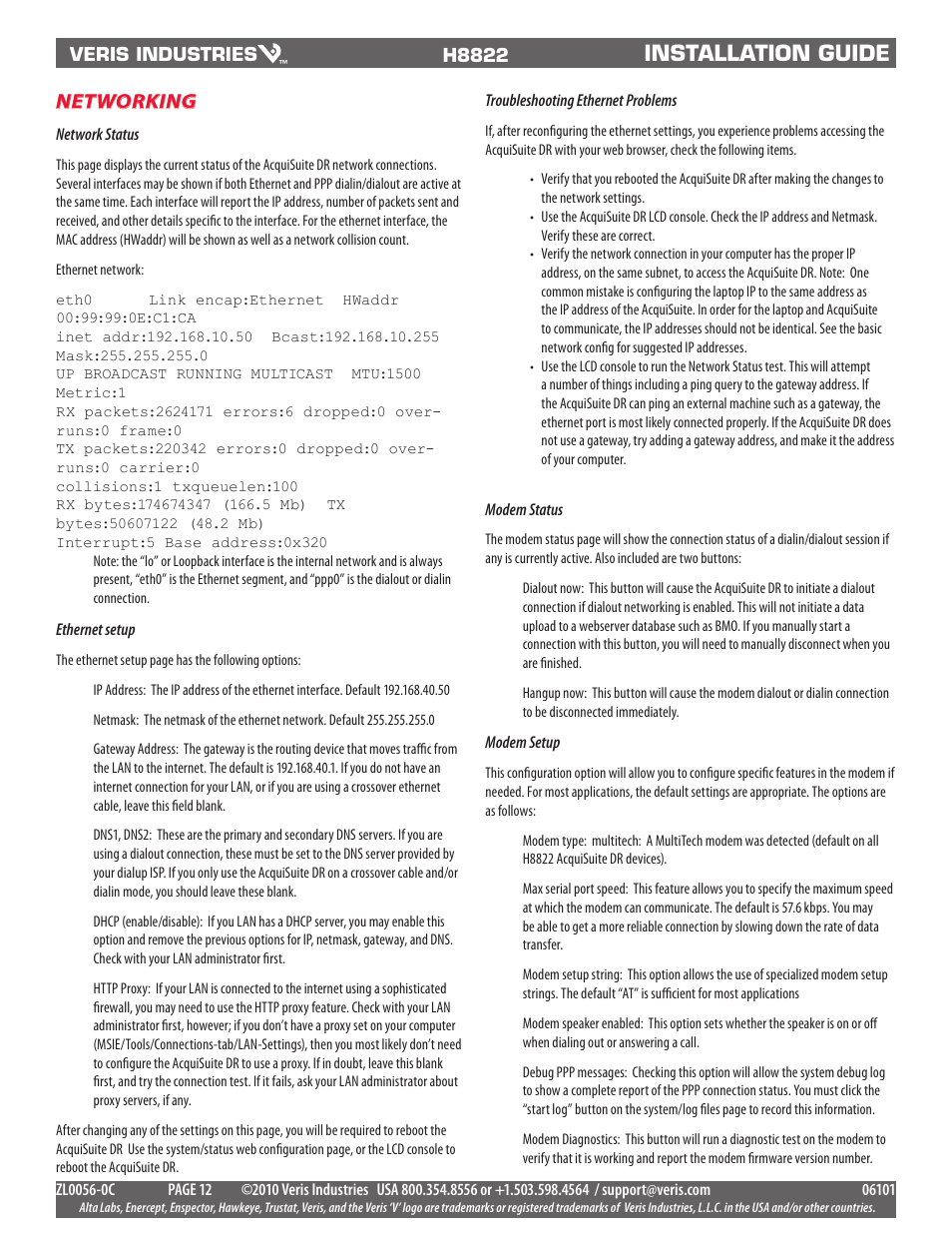 Installation guide, Networking | Veris Industries H8822 Install User Manual | Page 12 / 22