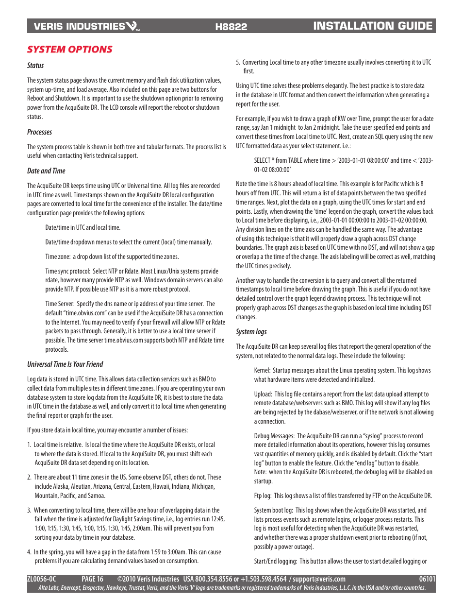 Installation guide, System options | Veris Industries H8822 Install User Manual | Page 16 / 22