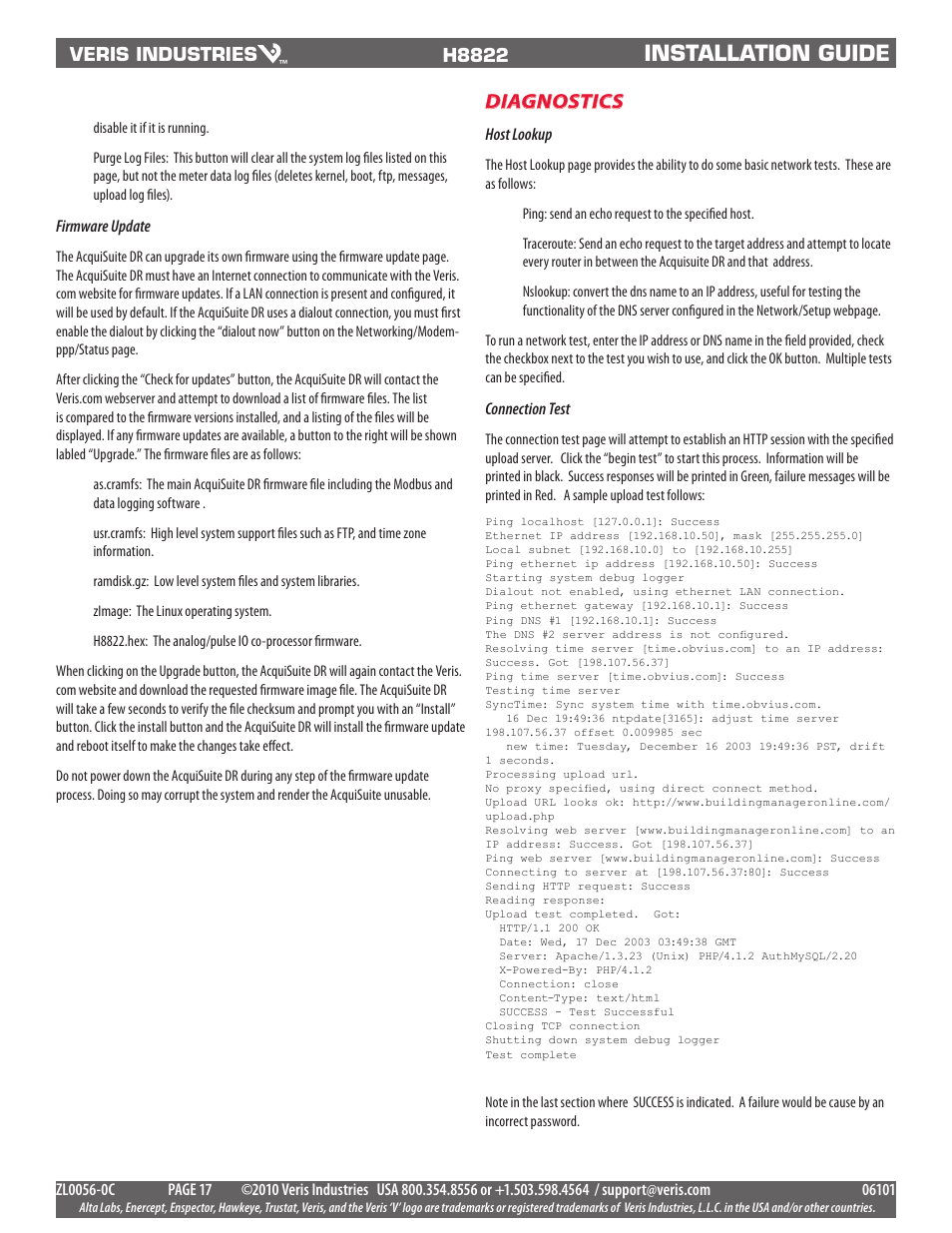 Installation guide, Diagnostics, Veris industries | H8822, Firmware update, Host lookup, Connection test | Veris Industries H8822 Install User Manual | Page 17 / 22