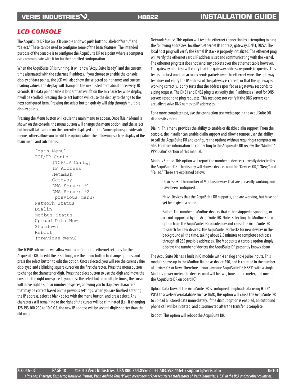 Installation guide, Lcd console | Veris Industries H8822 Install User Manual | Page 18 / 22