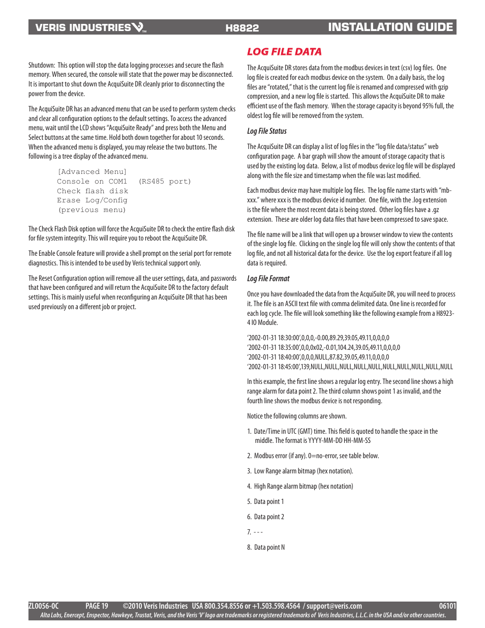Installation guide, Log file data | Veris Industries H8822 Install User Manual | Page 19 / 22