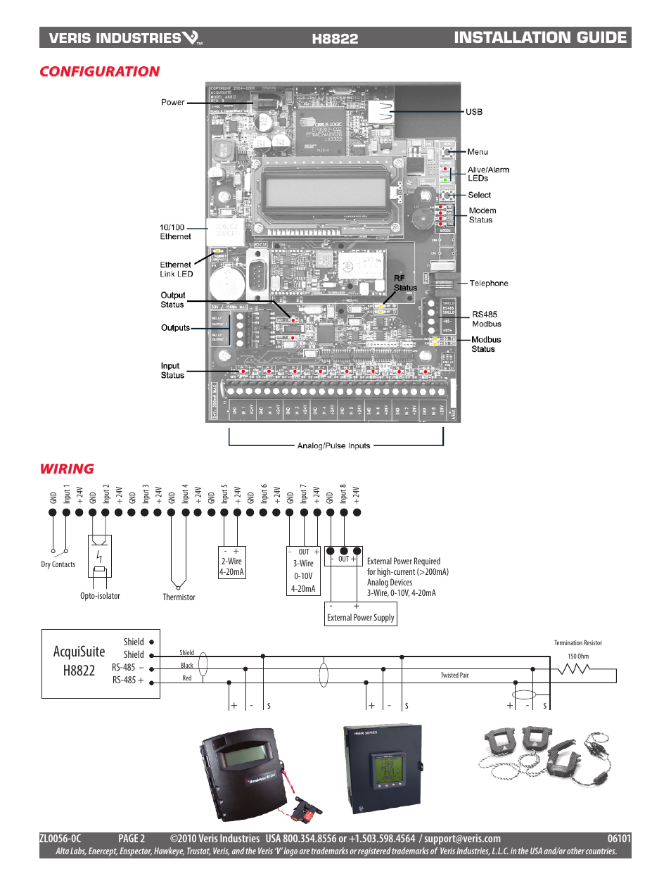 Acquisuite h8822, Installation guide, Configuration | Wiring, Veris industries, H8822 | Veris Industries H8822 Install User Manual | Page 2 / 22