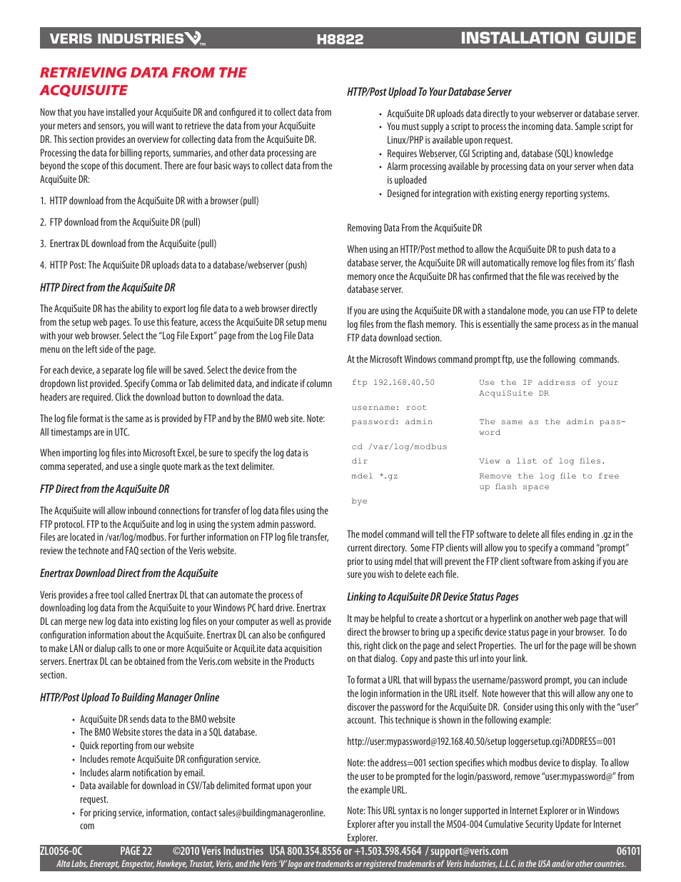Installation guide, Retrieving data from the acquisuite | Veris Industries H8822 Install User Manual | Page 22 / 22