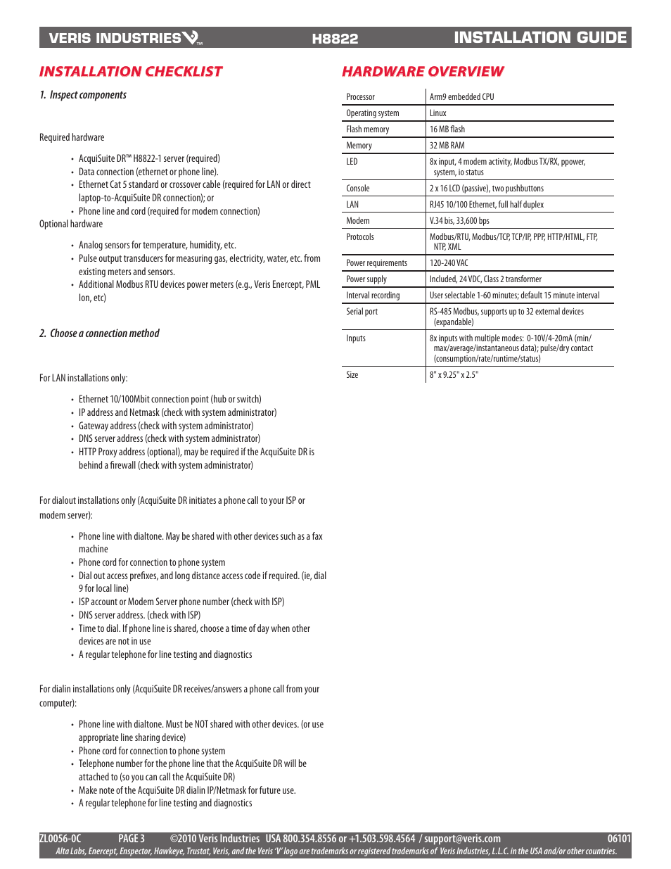 Installation guide, Installation checklist, Hardware overview | Veris Industries H8822 Install User Manual | Page 3 / 22