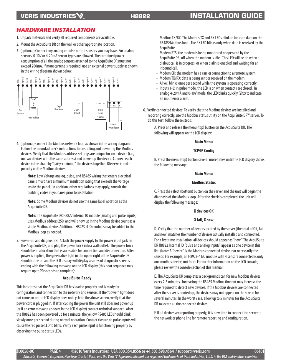 Installation guide, Hardware installation, Veris industries | H8822 | Veris Industries H8822 Install User Manual | Page 4 / 22