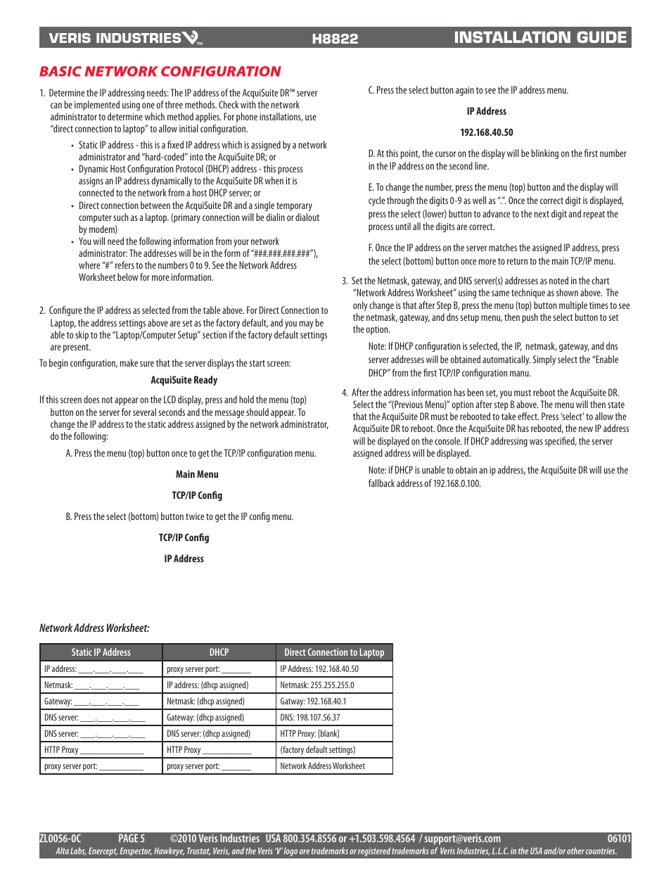 Installation guide, Basic network configuration | Veris Industries H8822 Install User Manual | Page 5 / 22