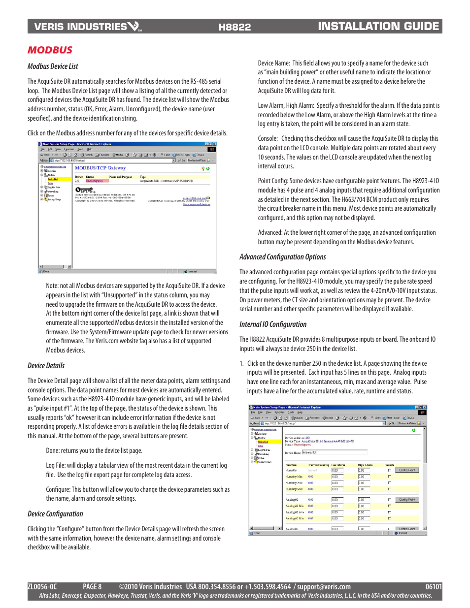 Installation guide, Modbus | Veris Industries H8822 Install User Manual | Page 8 / 22