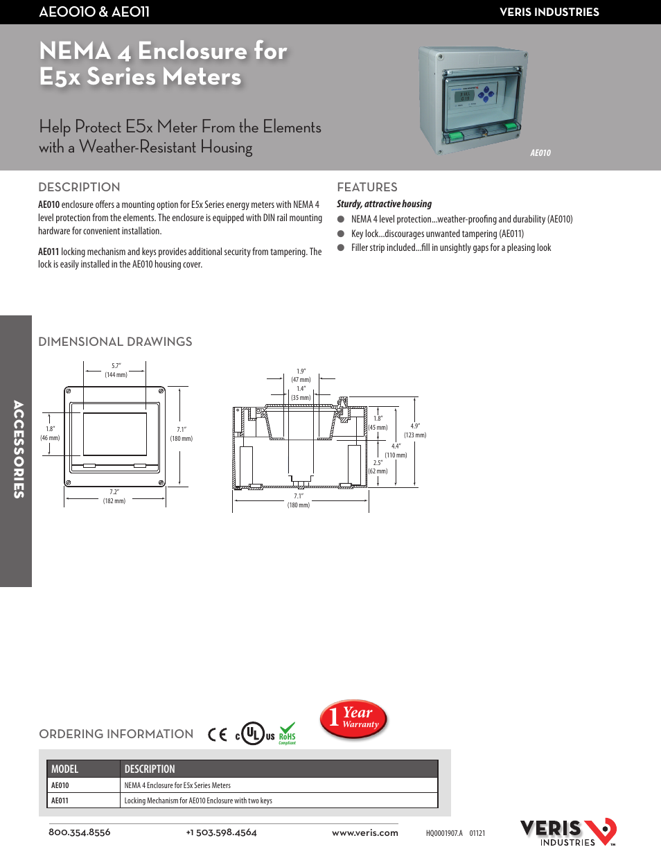 Veris Industries AE011 Datasheet User Manual | 1 page