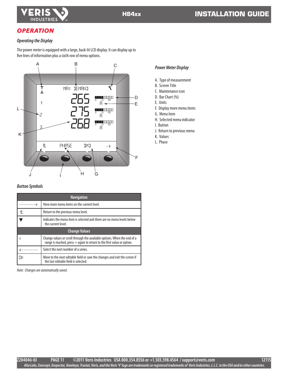 Installation guide, Operation | Veris Industries H84xx Install User Manual | Page 11 / 29