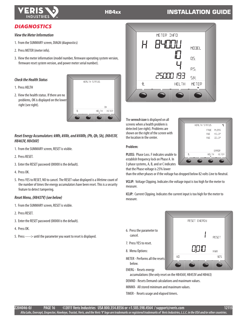Installation guide, Diagnostics | Veris Industries H84xx Install User Manual | Page 16 / 29