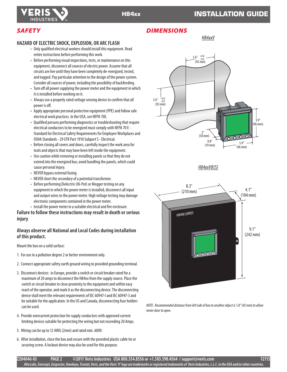 Installation guide, Dimensions, Safety | Veris Industries H84xx Install User Manual | Page 2 / 29