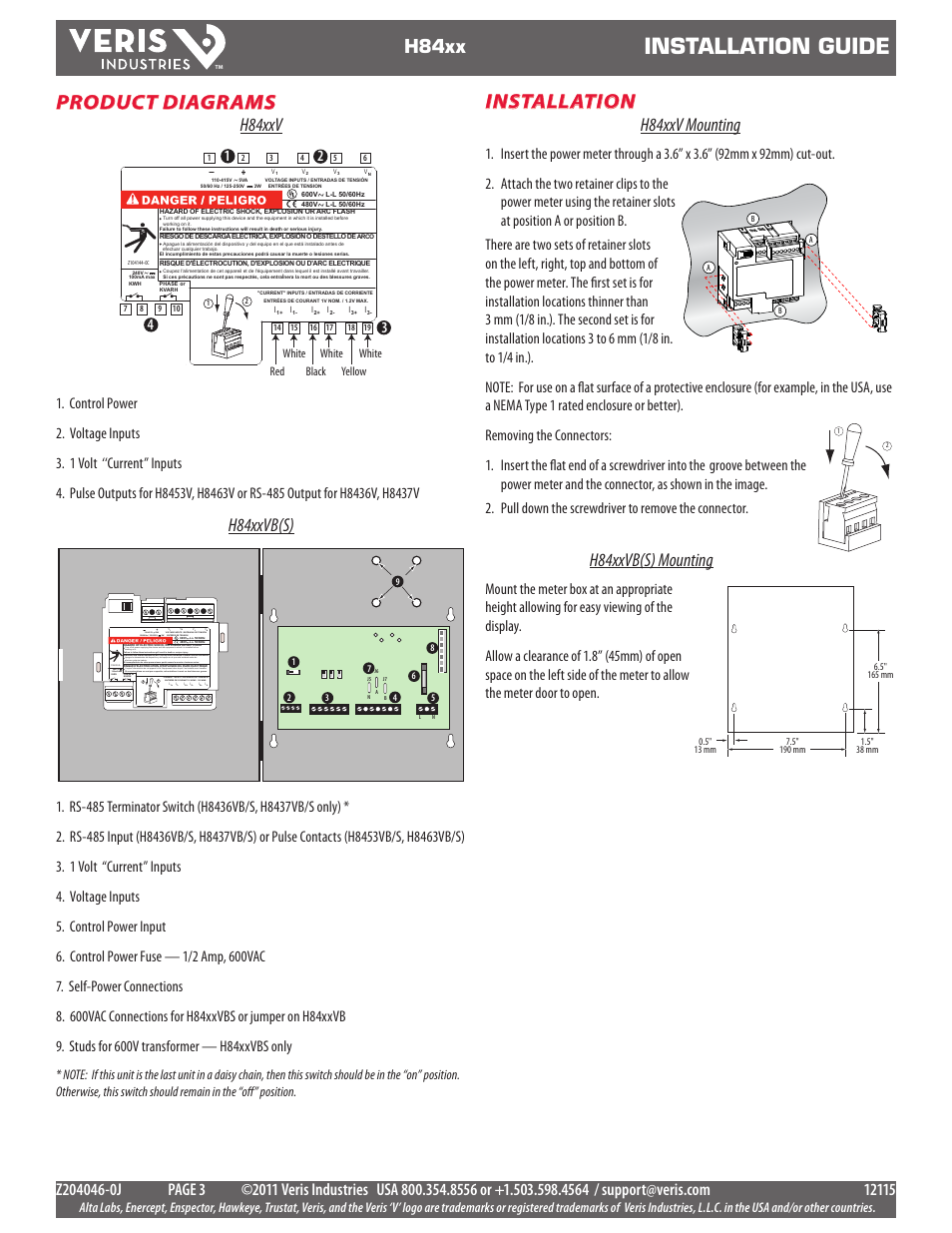 Installation guide, Installation, Product diagrams | H84xx, H84xxv mounting, H84xxvb(s) mounting, H84xxv, H84xxvb(s), Entrées de tension | Veris Industries H84xx Install User Manual | Page 3 / 29