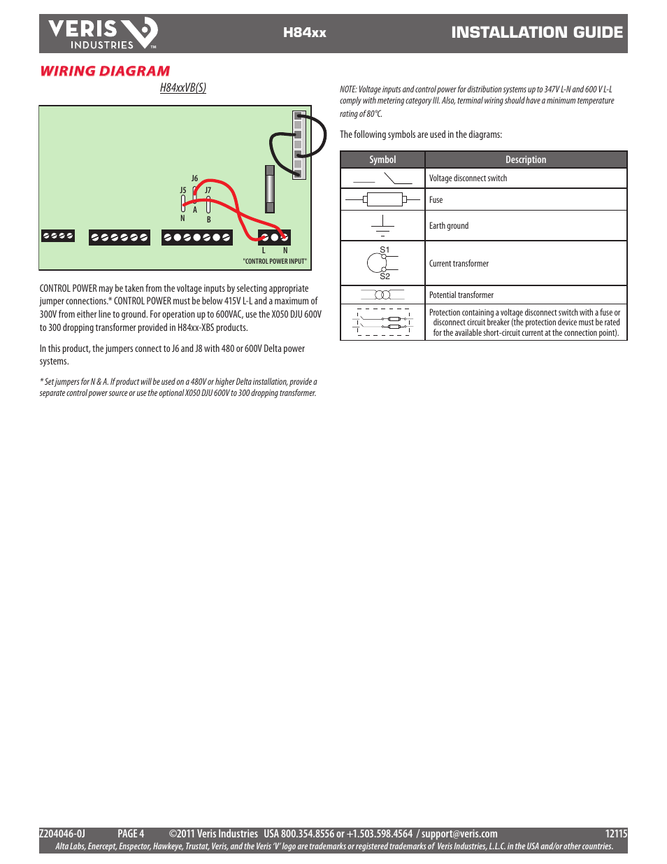 Installation guide, Wiring diagram, H84xx | H84xxvb(s) | Veris Industries H84xx Install User Manual | Page 4 / 29