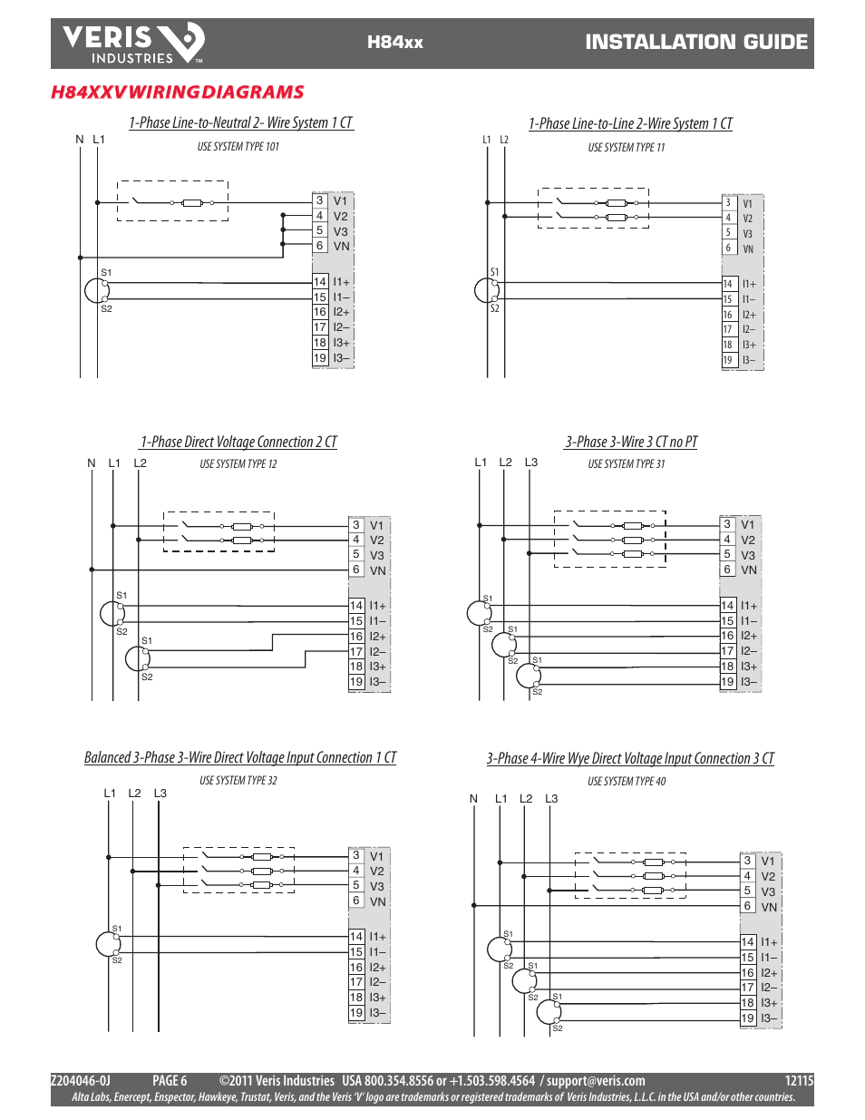 Installation guide, H84xxv wiring diagrams, H84xx | Phase direct voltage connection 2 ct | Veris Industries H84xx Install User Manual | Page 6 / 29