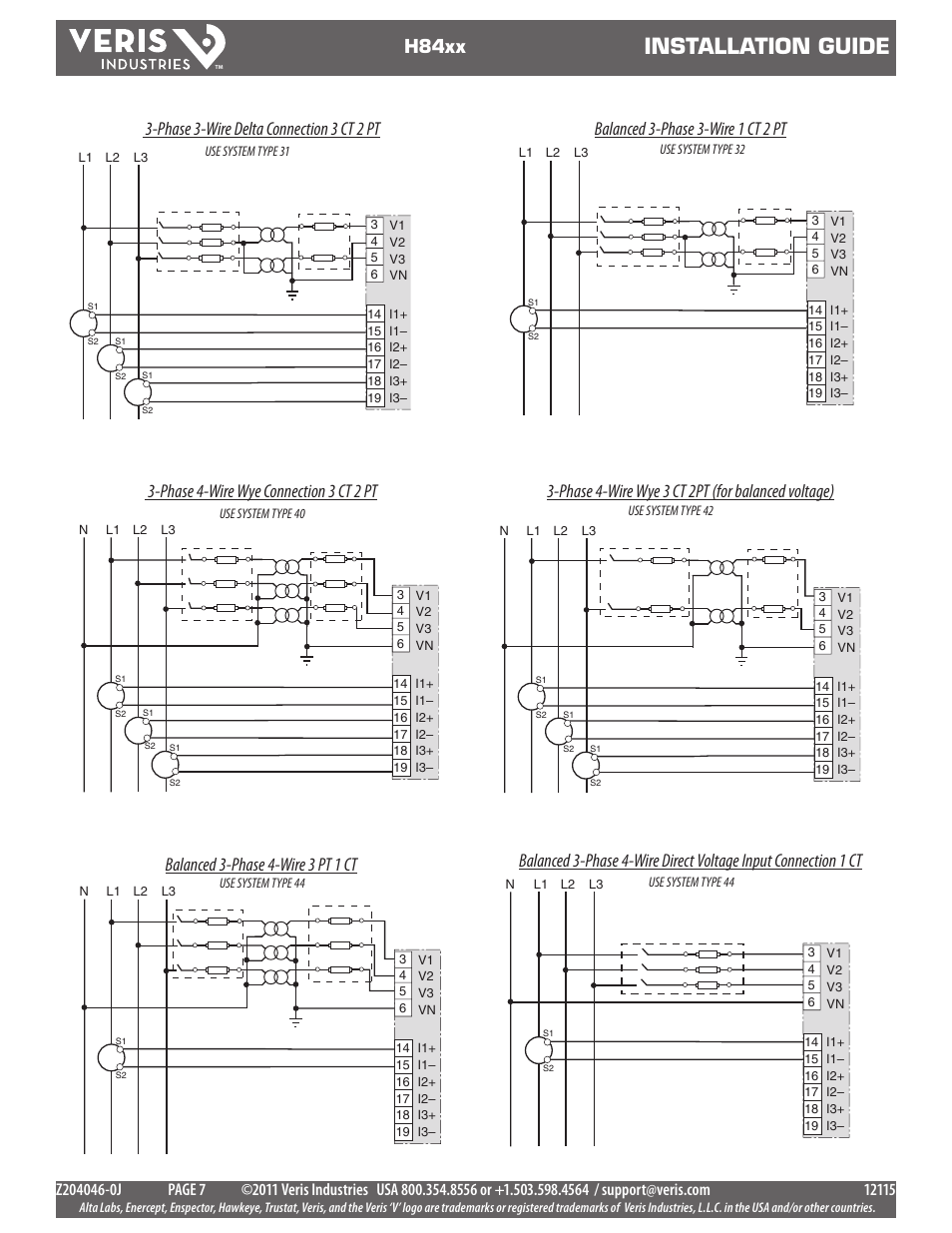 Installation guide, H84xx, Phase 3-wire delta connection 3 ct 2 pt | Balanced 3-phase 3-wire 1 ct 2 pt | Veris Industries H84xx Install User Manual | Page 7 / 29