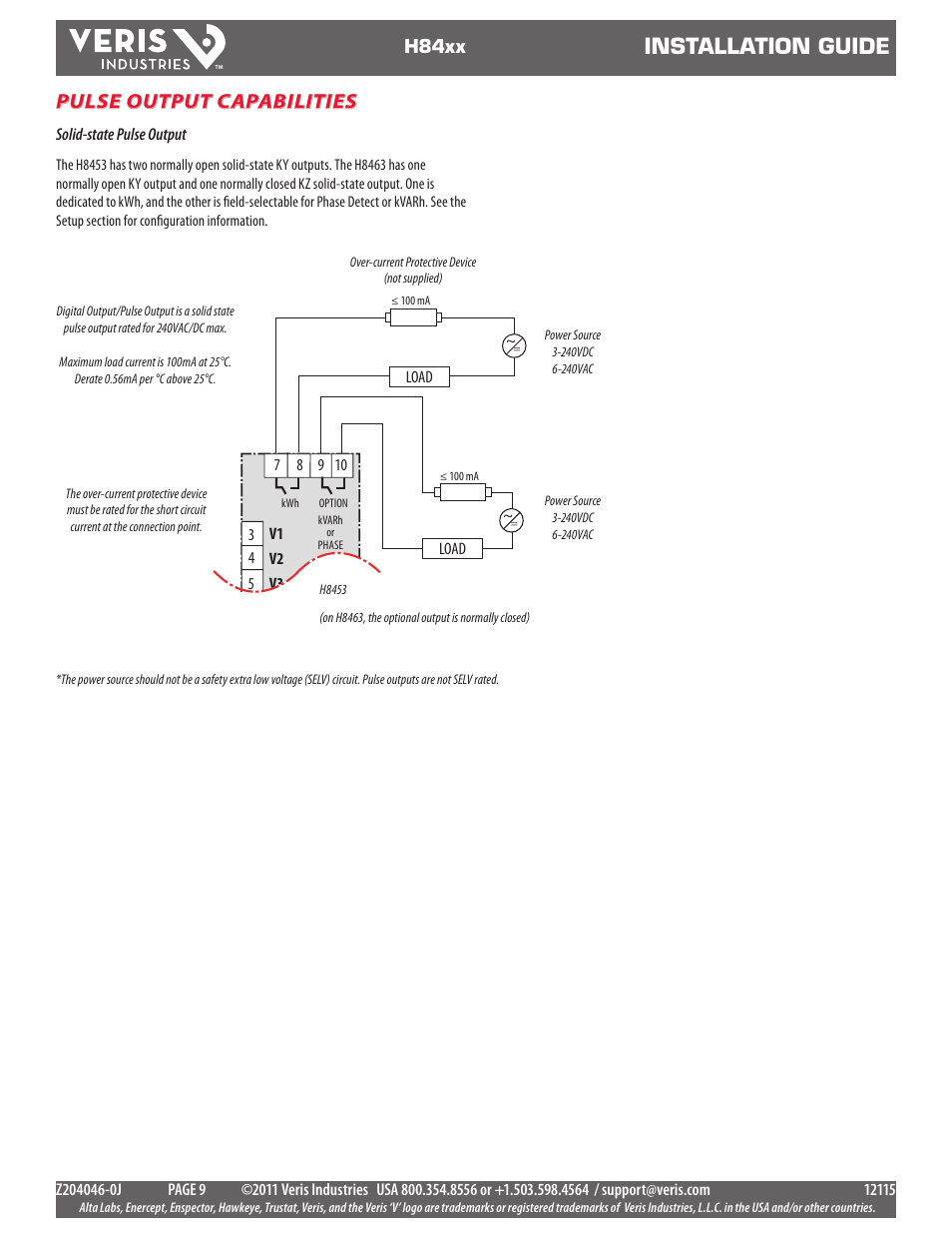 Installation guide, Pulse output capabilities | Veris Industries H84xx Install User Manual | Page 9 / 29