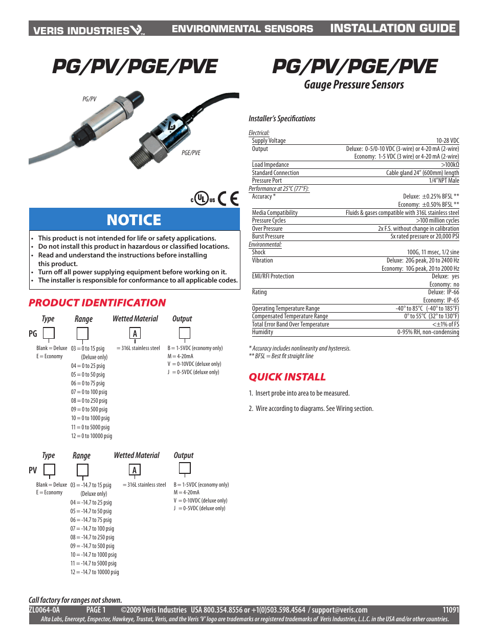 Veris Industries PVE SERIES Install User Manual | 2 pages