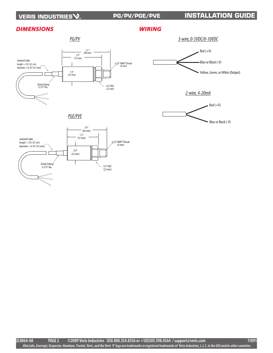 Installation guide, Dimensions, Wiring | Veris industries, Pg/pv/pge/pve, Pg/pv, Pge/pve, Wire, 4-20ma | Veris Industries PVE SERIES Install User Manual | Page 2 / 2