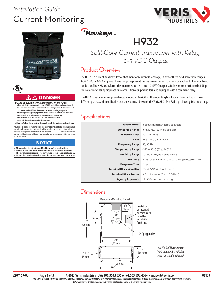 Veris Industries H932 Install User Manual | 3 pages