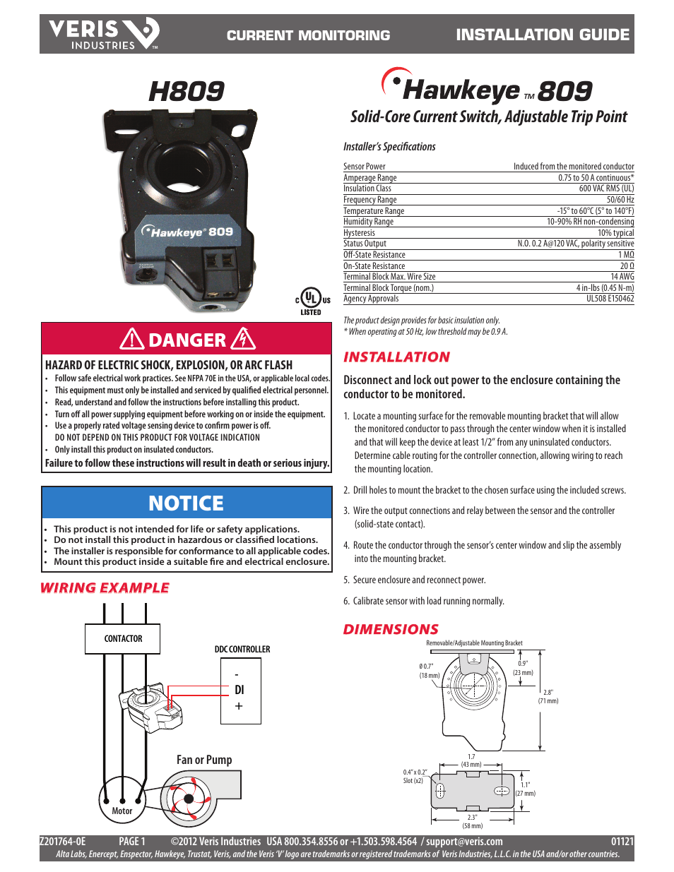 Veris Industries H809 Install User Manual | 2 pages