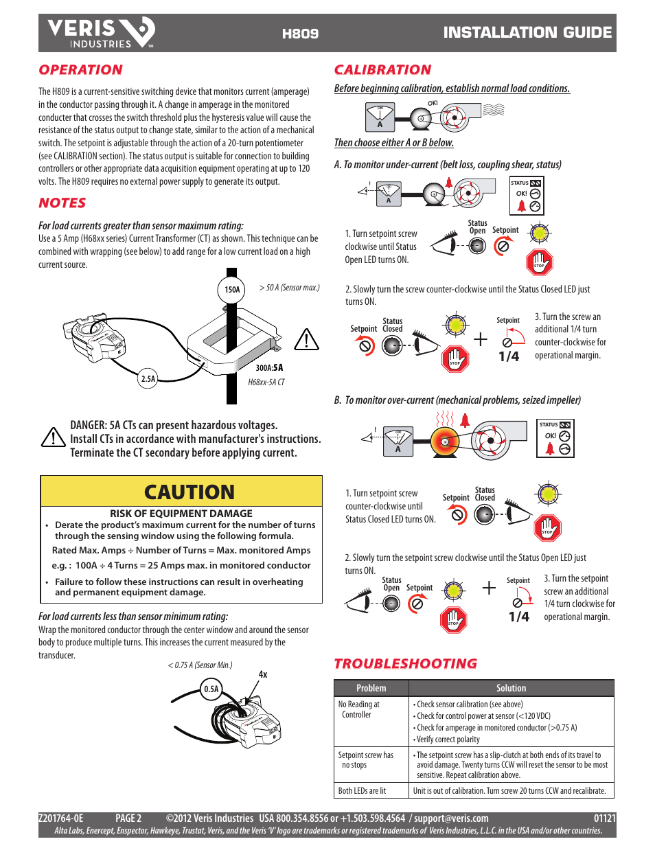 Caution, Installation guide, Operation | Troubleshooting, Calibration, H809 | Veris Industries H809 Install User Manual | Page 2 / 2