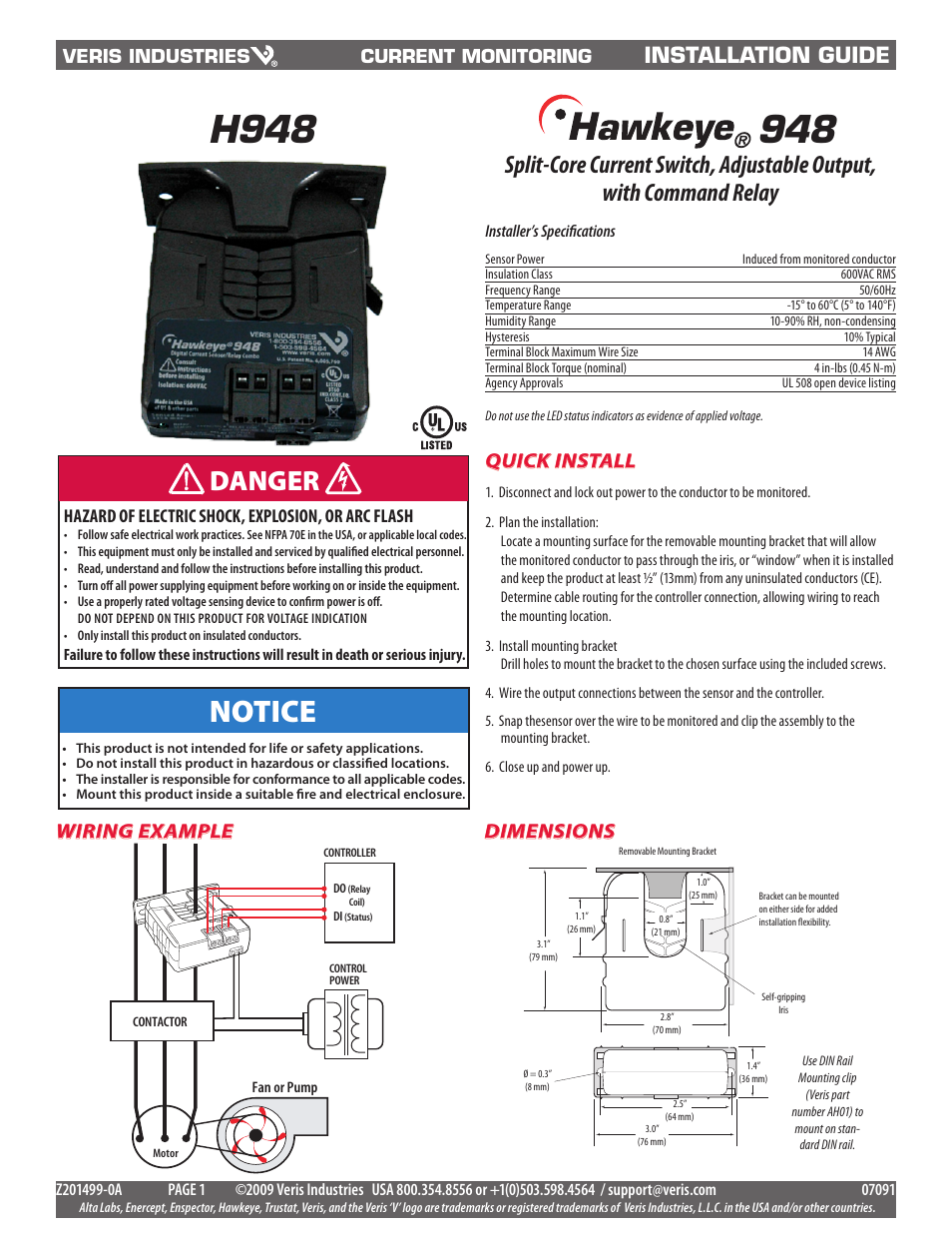 Veris Industries H948 Install User Manual | 2 pages