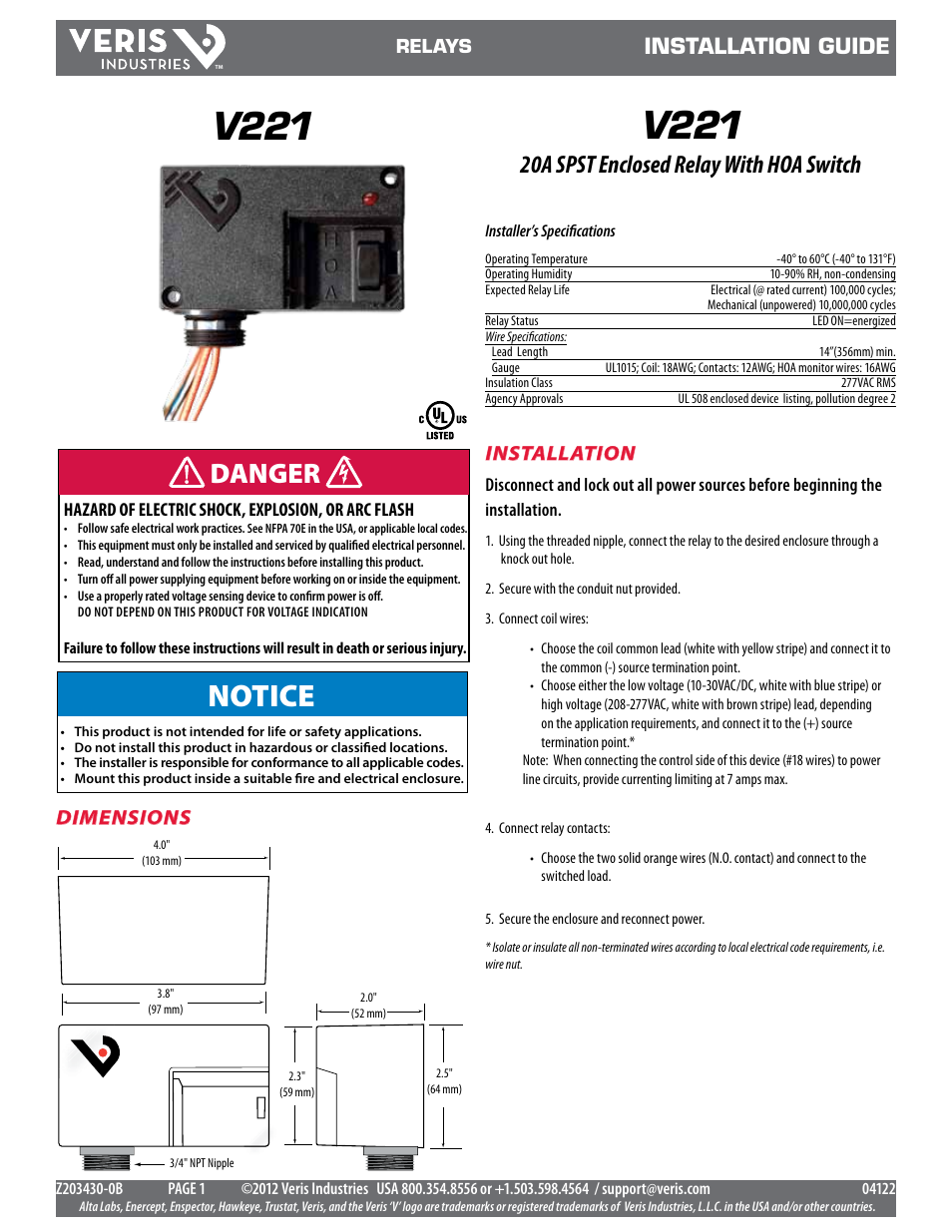 Veris Industries V221 Install User Manual | 2 pages