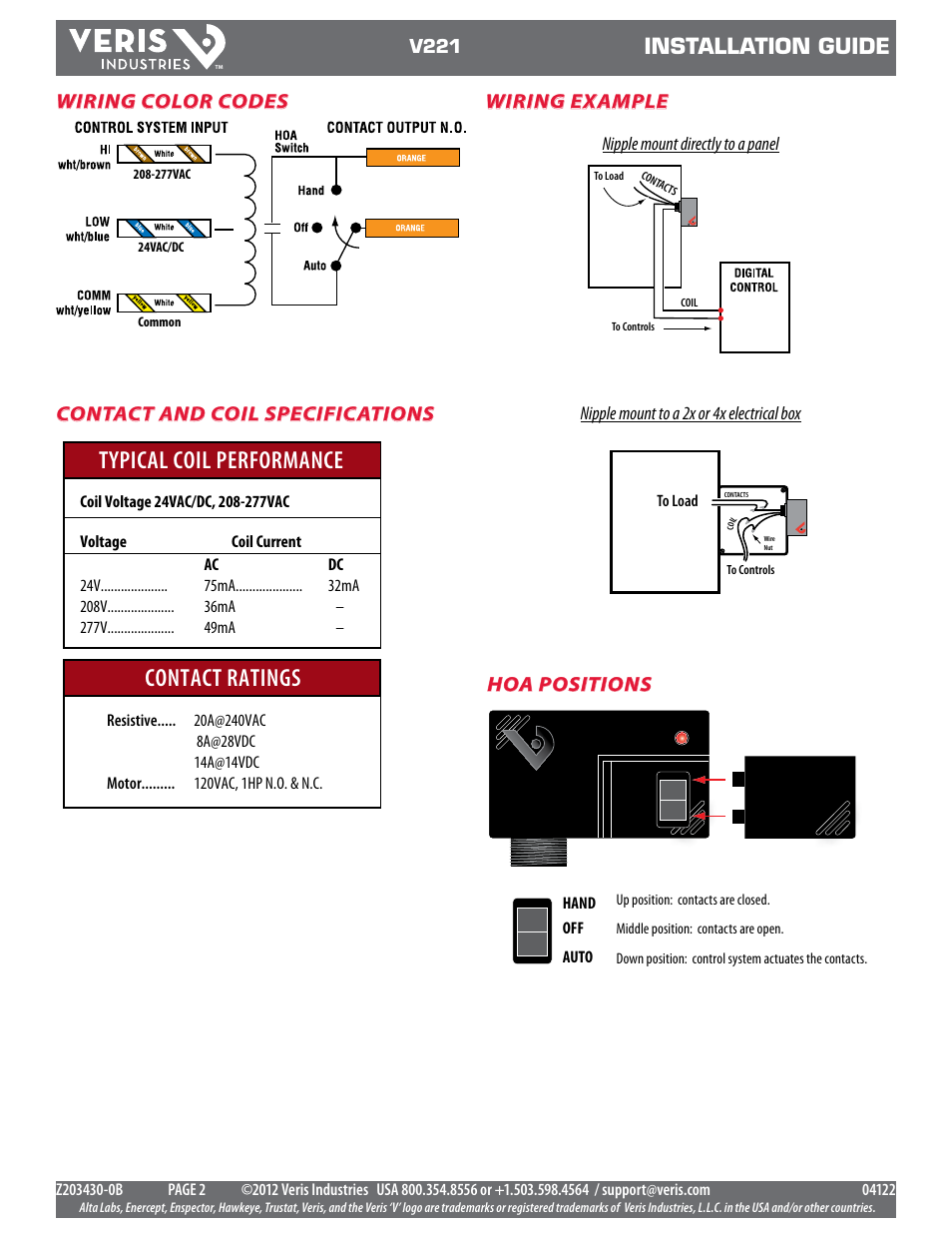 Typical coil performance contact ratings, Installation guide, Hoa positions wiring example | Wiring color codes contact and coil specifications | Veris Industries V221 Install User Manual | Page 2 / 2