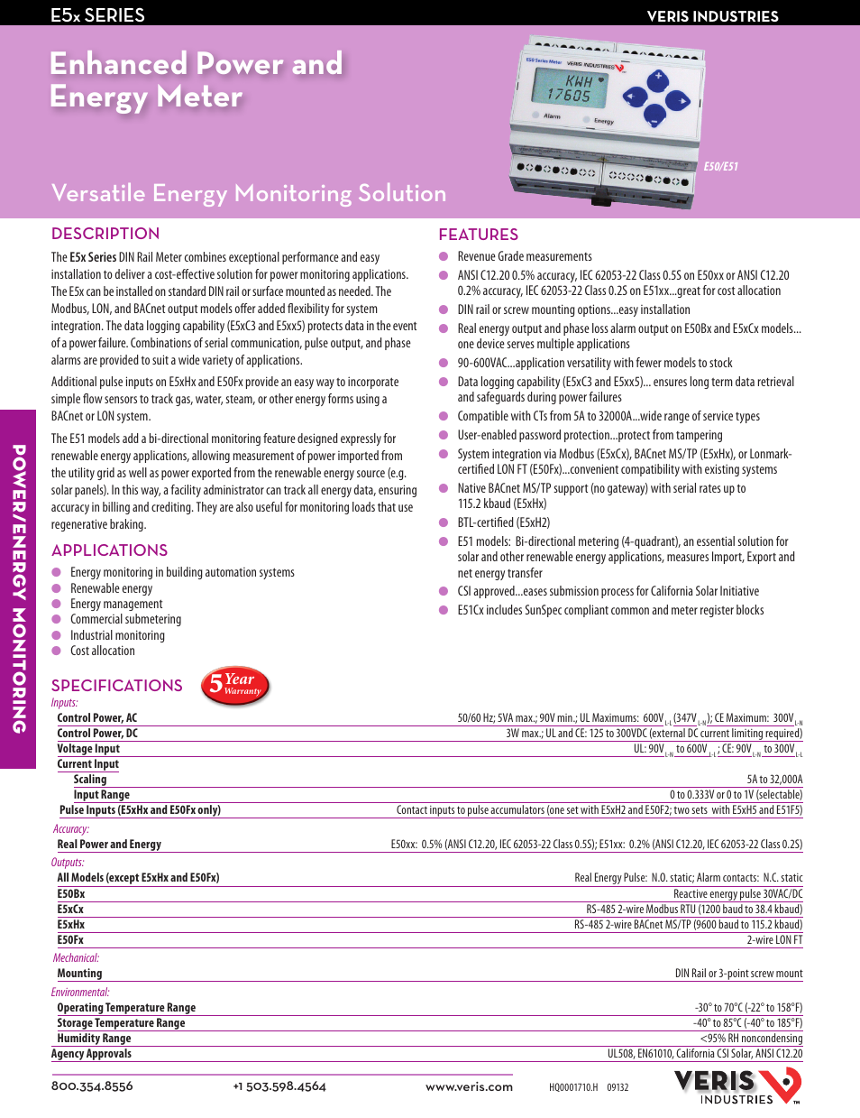 Veris Industries E5x SERIES Datasheet User Manual | 2 pages