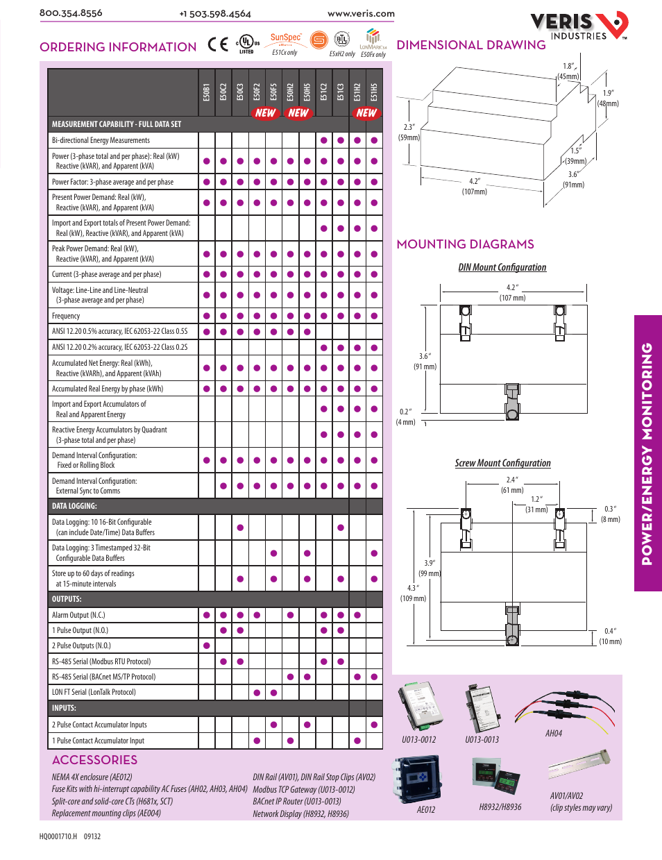 Po wer/ener g y monit oring, Dimensional drawing ordering information, Mounting diagrams | Accessories, Din mount configuration screw mount configuration | Veris Industries E5x SERIES Datasheet User Manual | Page 2 / 2