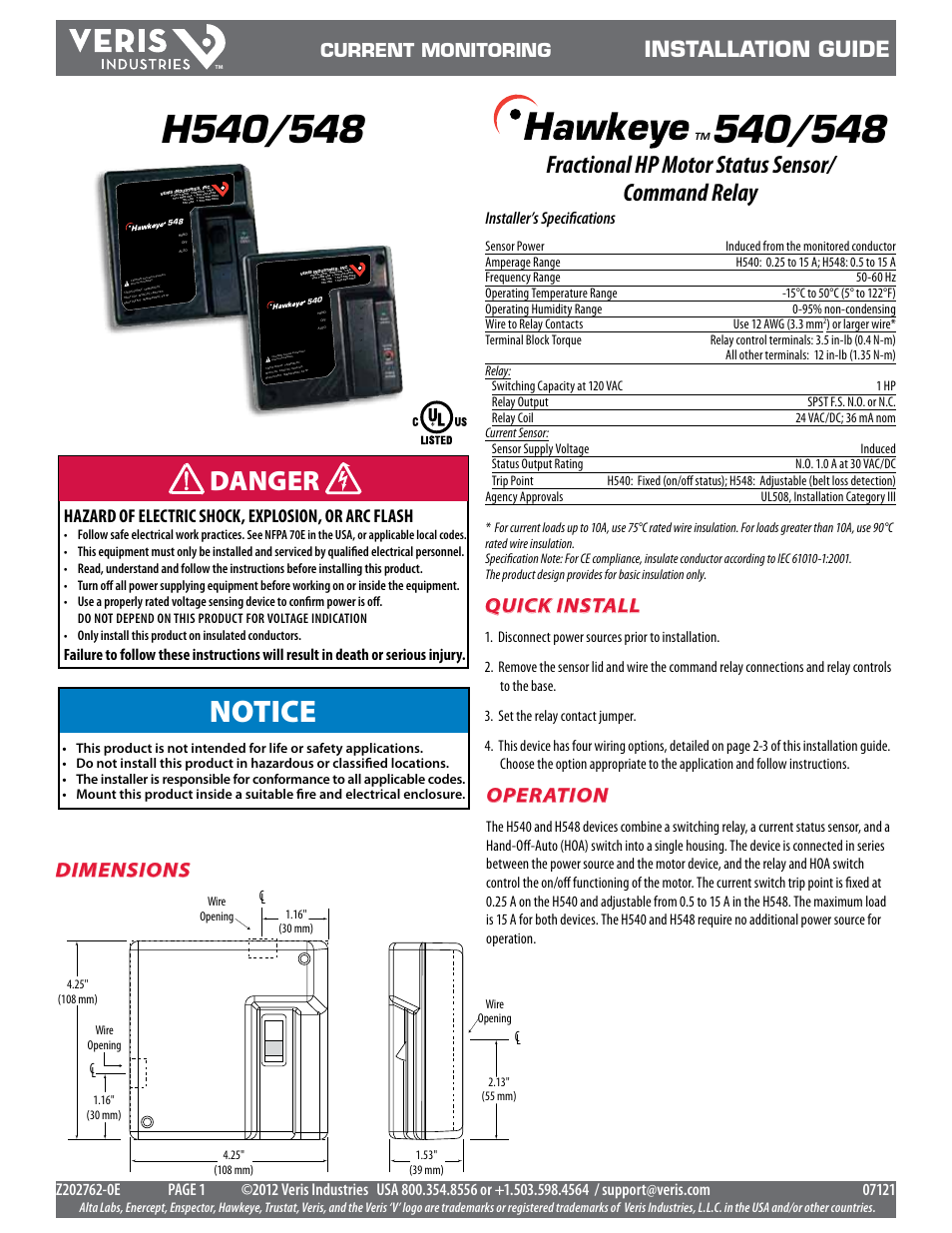 Veris Industries H540 Install Install User Manual | 4 pages