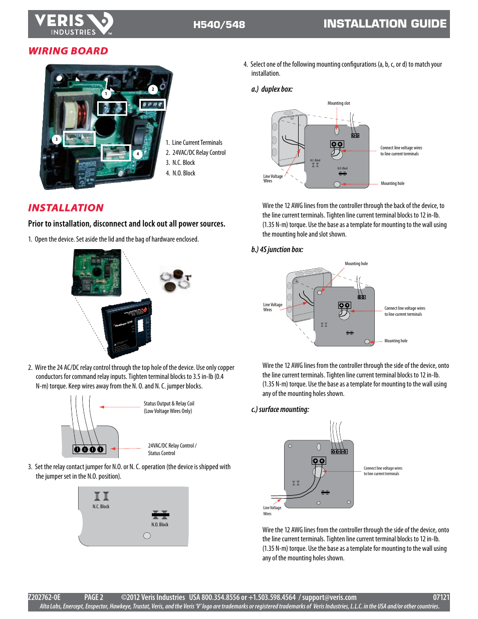 Installation guide, Wiring board, Installation | A.) duplex box, B.) 4s junction box, C.) surface mounting | Veris Industries H540 Install Install User Manual | Page 2 / 4
