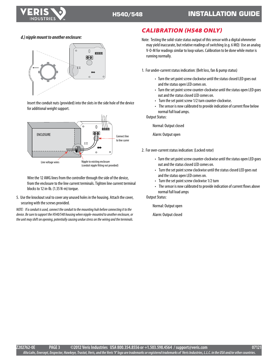 Installation guide, Calibration (h548 only) | Veris Industries H540 Install Install User Manual | Page 3 / 4