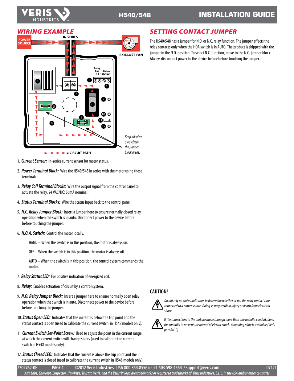 Installation guide, Wiring example, Setting contact jumper | Veris Industries H540 Install Install User Manual | Page 4 / 4