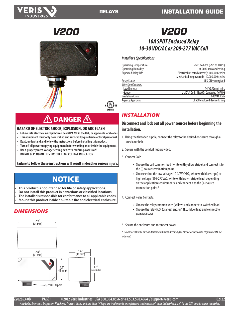 Veris Industries V200 SERIES Install User Manual | 2 pages