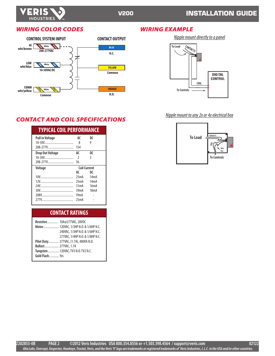 Installation guide, Typical coil performance contact ratings, Wiring example | Wiring color codes contact and coil specifications, V200, Contact output control system input | Veris Industries V200 SERIES Install User Manual | Page 2 / 2