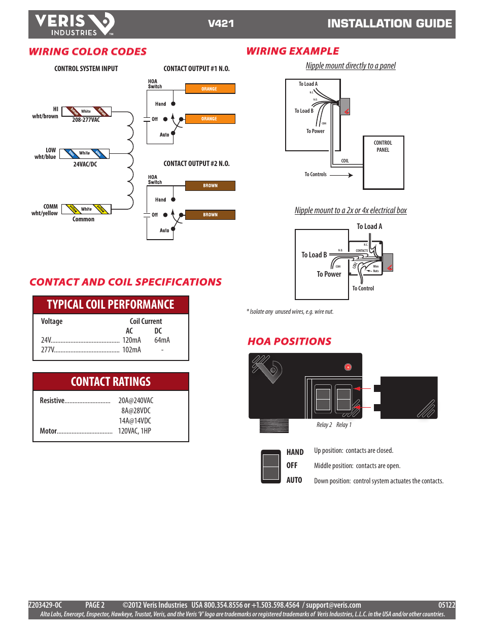 Typical coil performance contact ratings, Installation guide, Wiring color codes contact and coil specifications | Wiring example, Hoa positions, V421 | Veris Industries V421 Install User Manual | Page 2 / 2