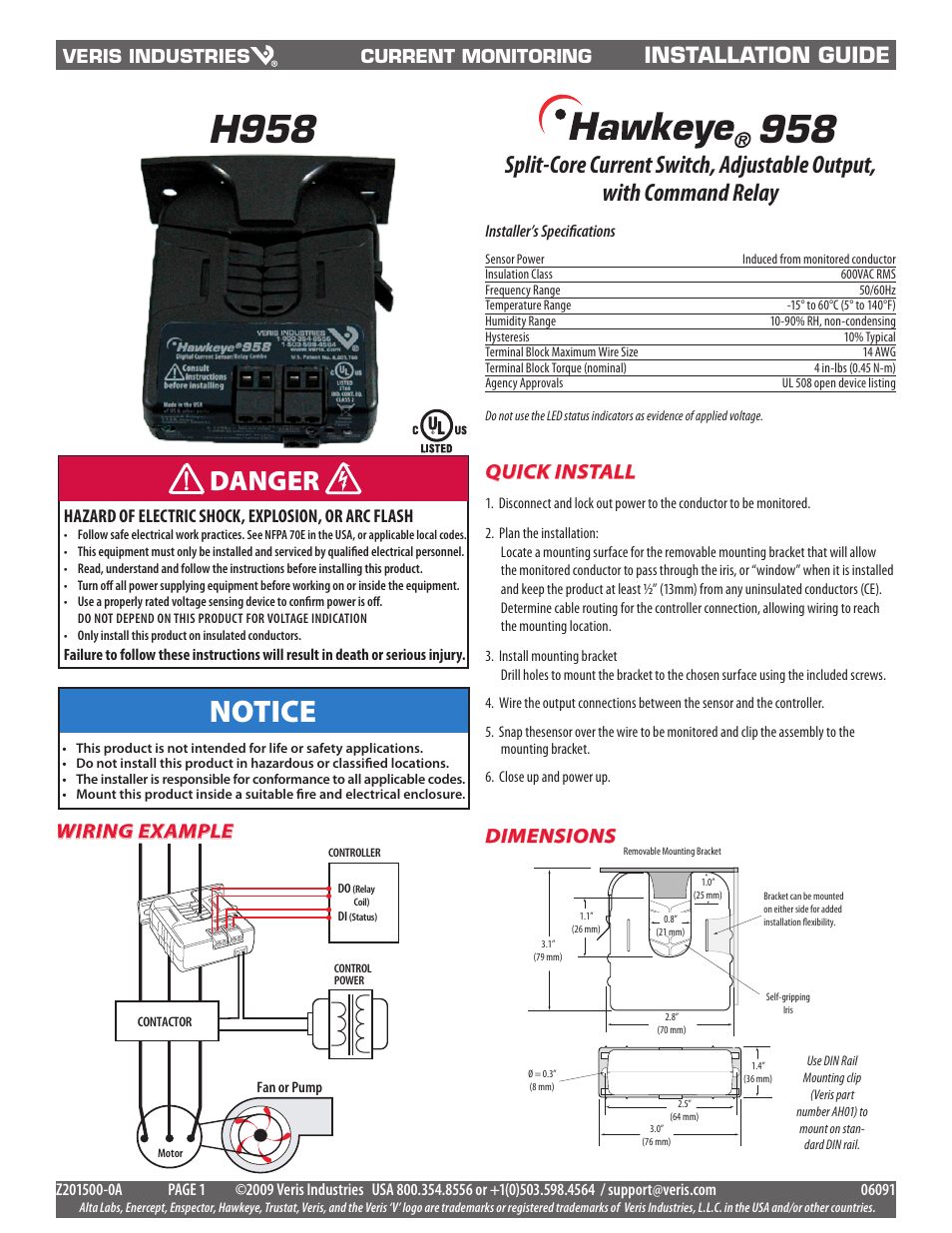 Veris Industries H958 Install User Manual | 2 pages