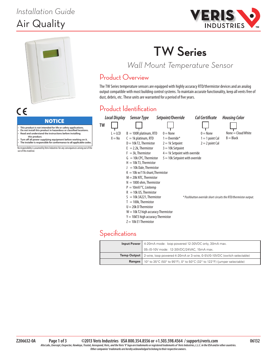 Veris Industries TW SERIES Install User Manual | 3 pages
