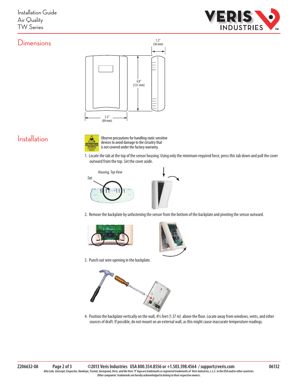 Dimensions, Installation, Installation guide air quality tw series | Veris Industries TW SERIES Install User Manual | Page 2 / 3