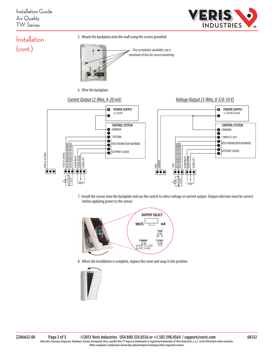 Installation (cont.), Installation guide air quality tw series, Current output (2-wire, 4-20 ma) | Veris Industries TW SERIES Install User Manual | Page 3 / 3