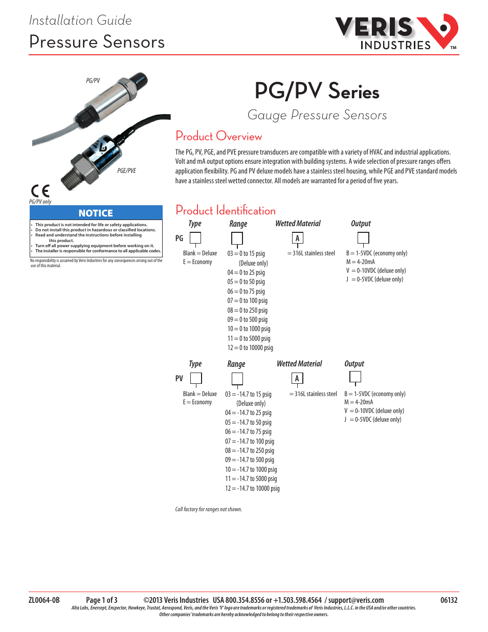 Veris Industries PG_PV SERIES Install User Manual | 3 pages