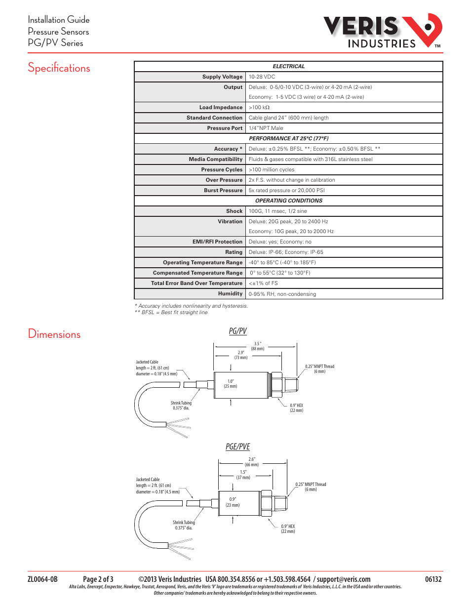 Specifications, Dimensions, Installation guide pressure sensors pg/pv series | Pg/pv, Pge/pve | Veris Industries PG_PV SERIES Install User Manual | Page 2 / 3