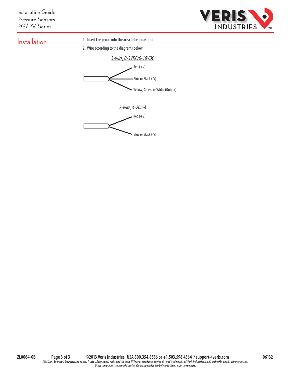 Installation, Installation guide pressure sensors pg/pv series | Veris Industries PG_PV SERIES Install User Manual | Page 3 / 3