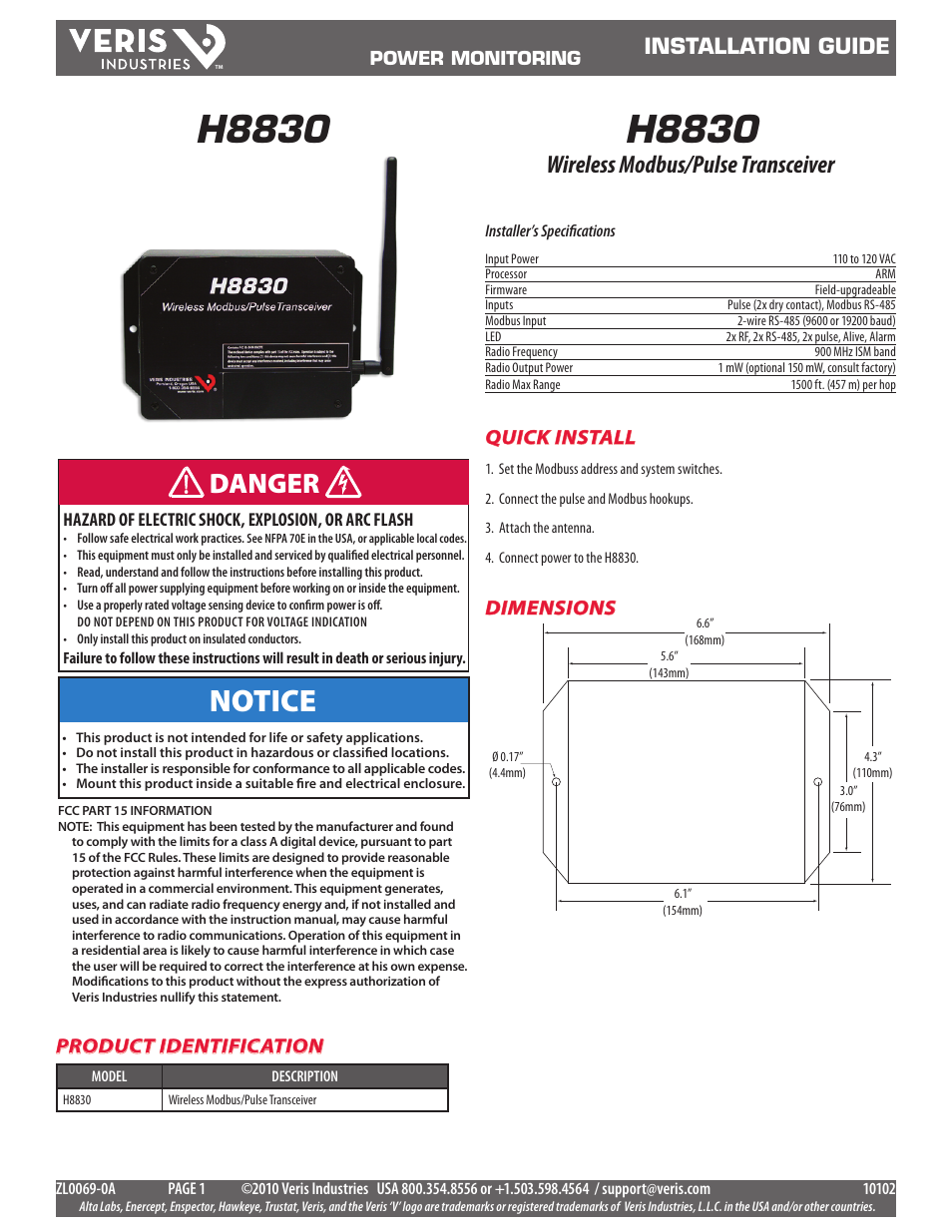 Veris Industries H8830 Install User Manual | 3 pages