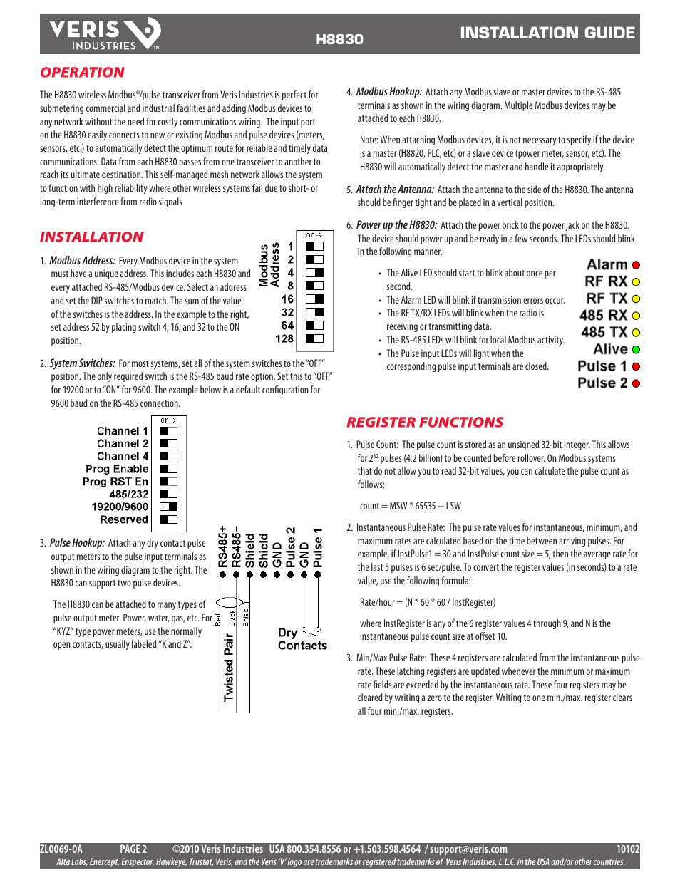 Installation guide, Operation, Installation | Register functions | Veris Industries H8830 Install User Manual | Page 2 / 3